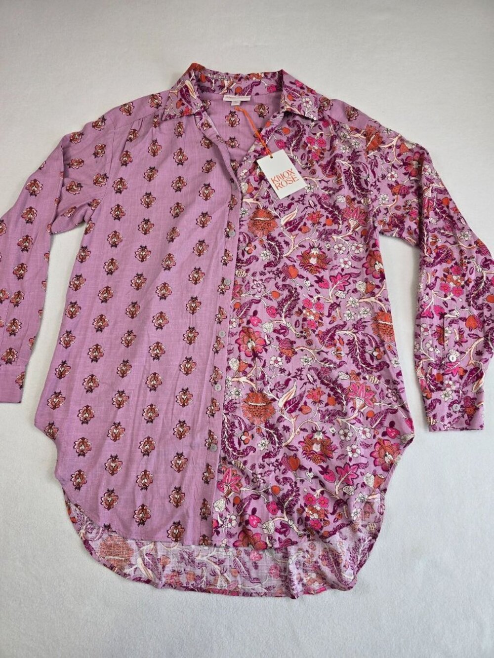 NEW Knox Rose Medium Pink Floral Patchwork Long Sleeve Button-Up Shirt Top